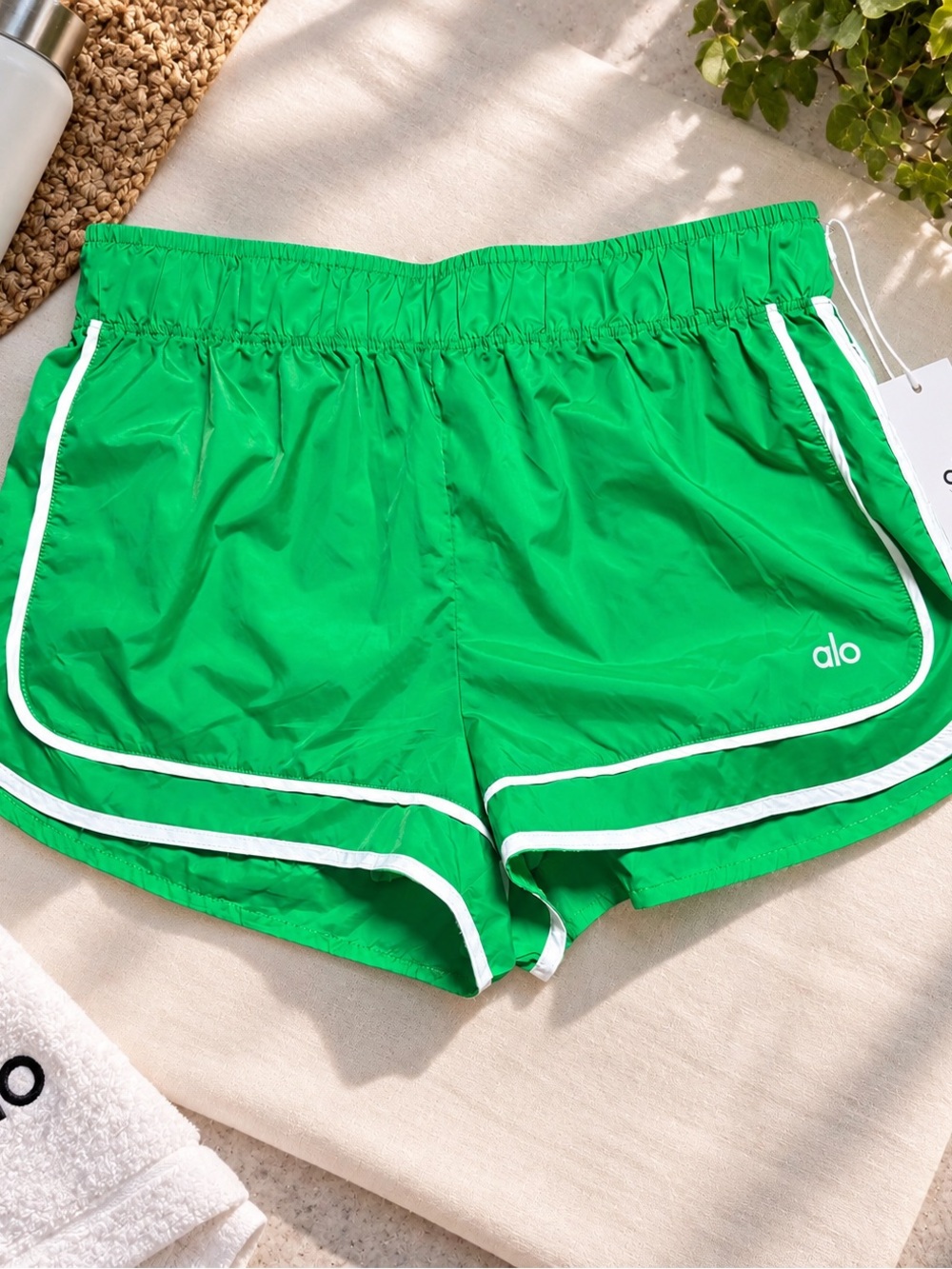 ALO Yoga Green Athletic Shorts with White Piping